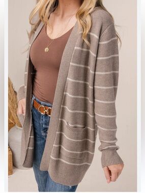 Bécool Striped Open Front Taupe Cardigan Sweater
